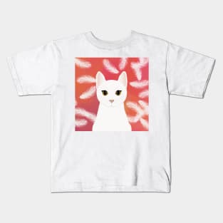 The cute white cat queen is watching you , white feathers on the colorful  background Kids T-Shirt